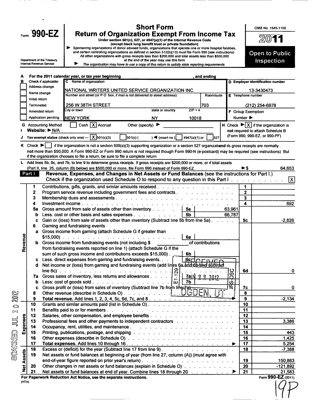 Image of first page of 2011 Form 990EZ for National Writers United Service Organization