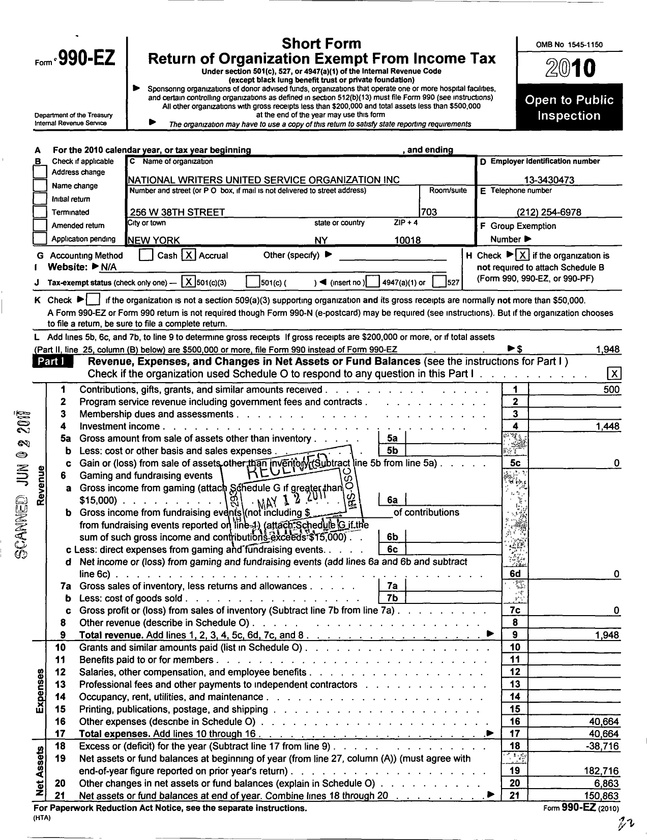 Image of first page of 2010 Form 990EZ for National Writers United Service Organization