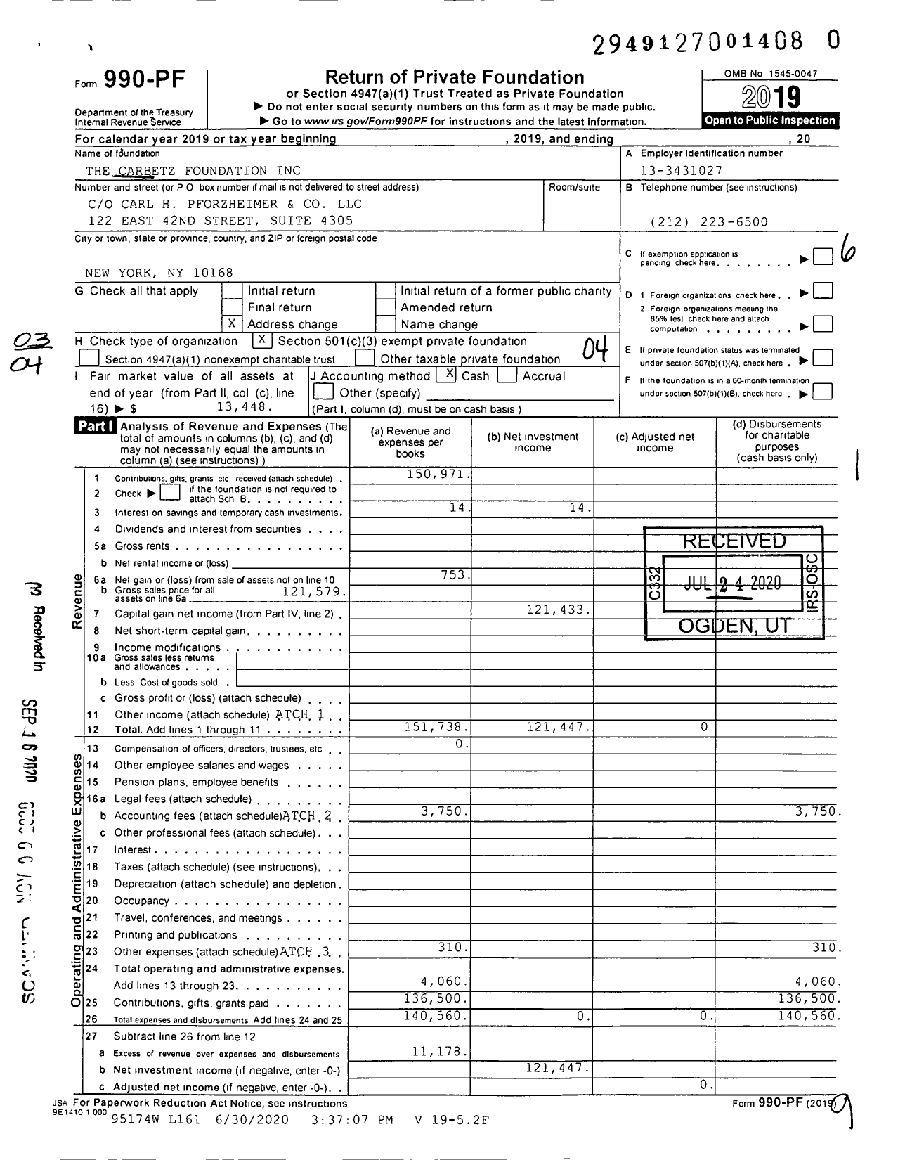 Image of first page of 2019 Form 990PF for The Carbetz Foundation