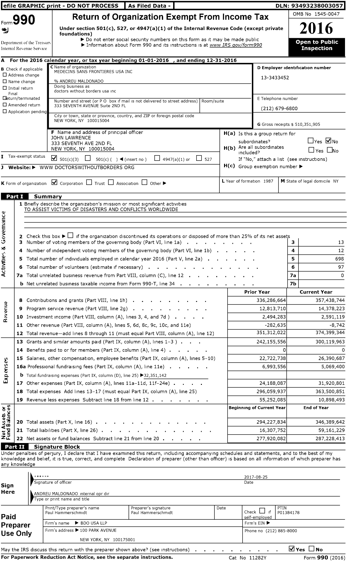 Image of first page of 2016 Form 990 for Doctors without Borders USA