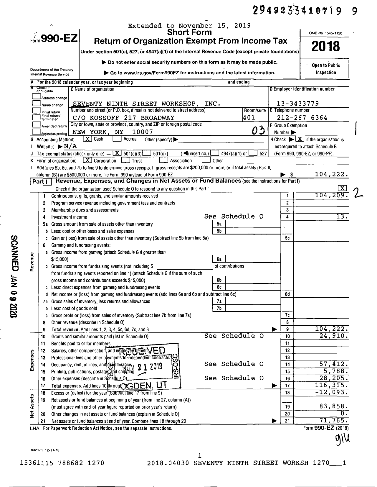 Image of first page of 2018 Form 990EZ for Seventy Ninth Street Workshop