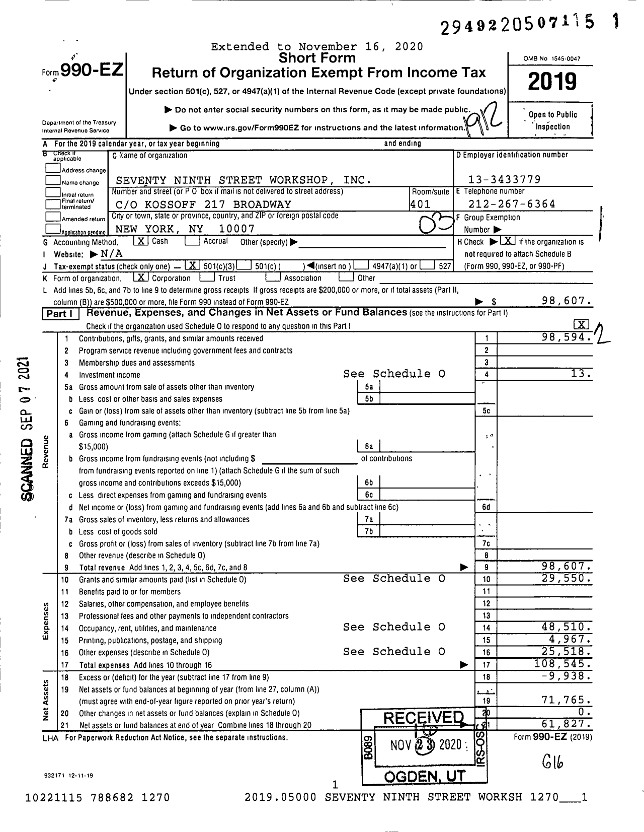 Image of first page of 2019 Form 990EZ for Seventy Ninth Street Workshop