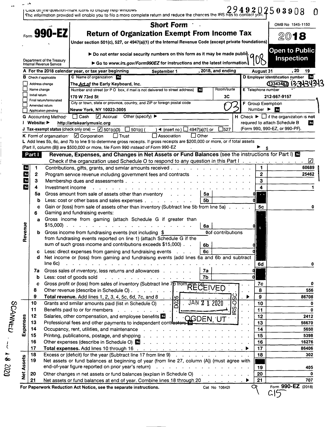 Image of first page of 2018 Form 990EZ for The Art of the Early Keyboard