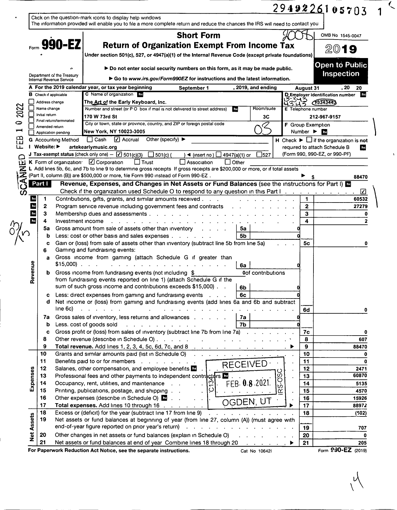 Image of first page of 2019 Form 990EZ for The Art of the Early Keyboard