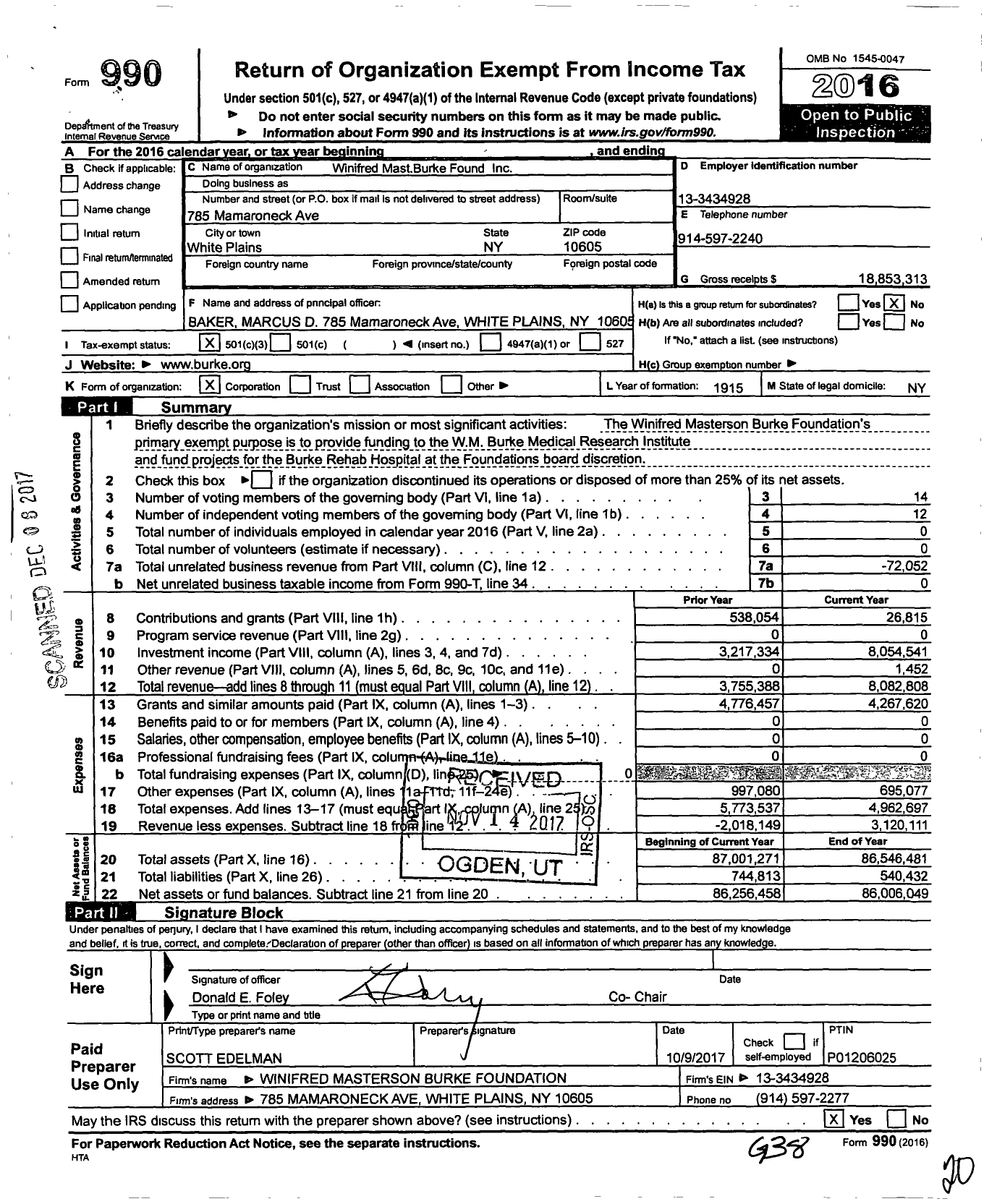 Image of first page of 2016 Form 990 for Winifred MastBurke Burke Foundation