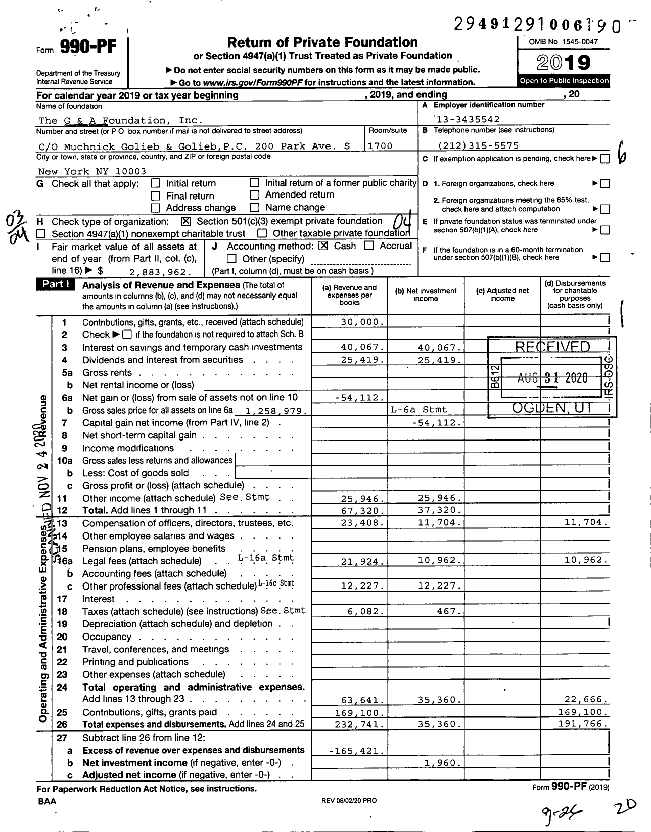 Image of first page of 2019 Form 990PF for The Golieb Family Foundation