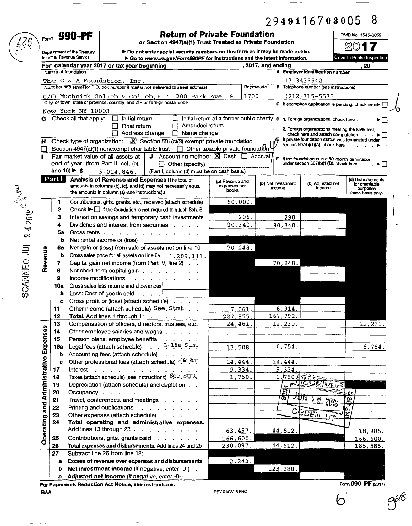 Image of first page of 2017 Form 990PF for The Golieb Family Foundation