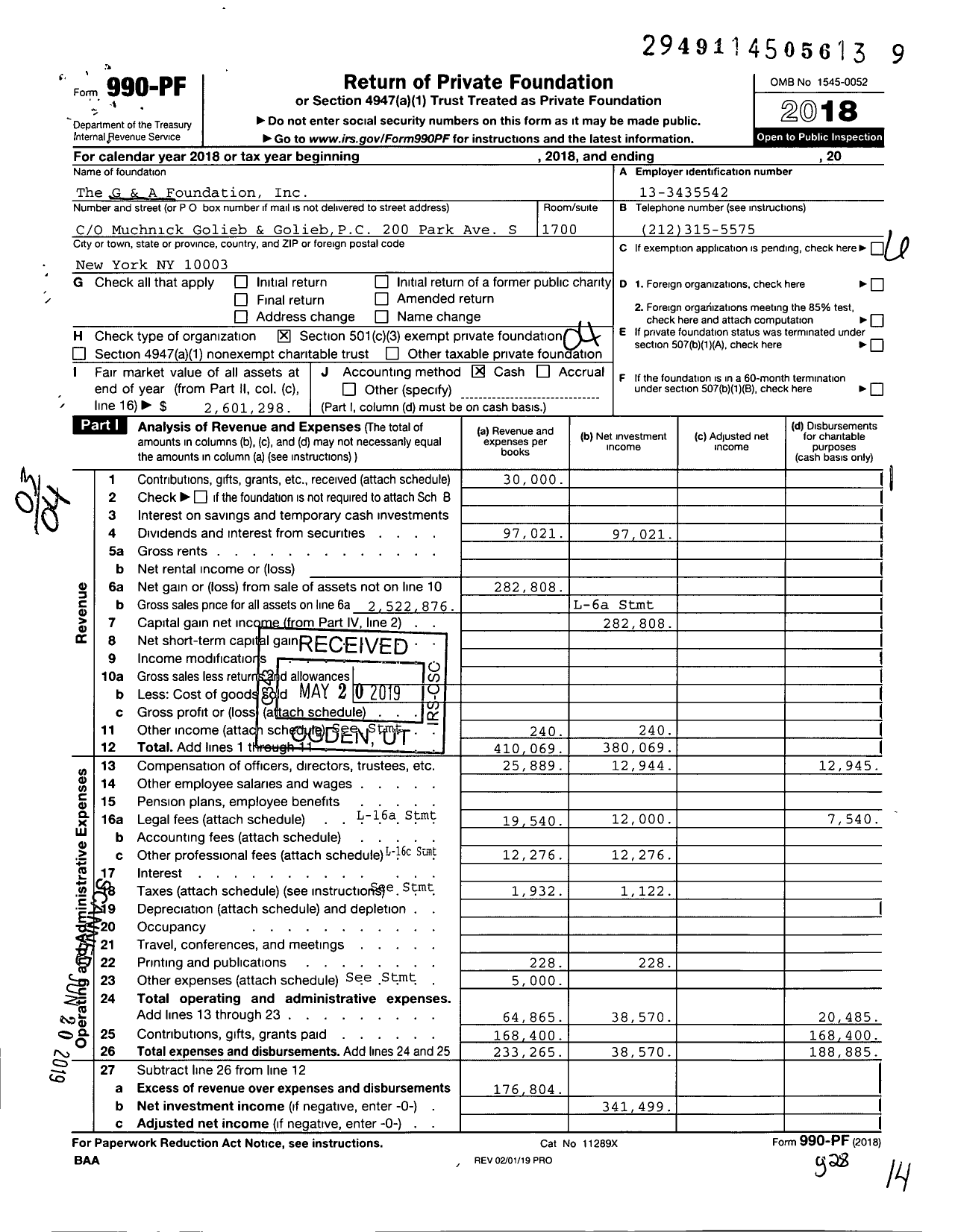 Image of first page of 2018 Form 990PF for The Golieb Family Foundation