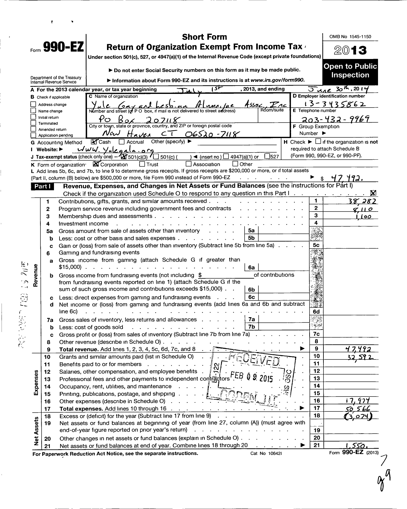 Image of first page of 2013 Form 990EZ for Yale Gay and Lesbian Alumniae Association