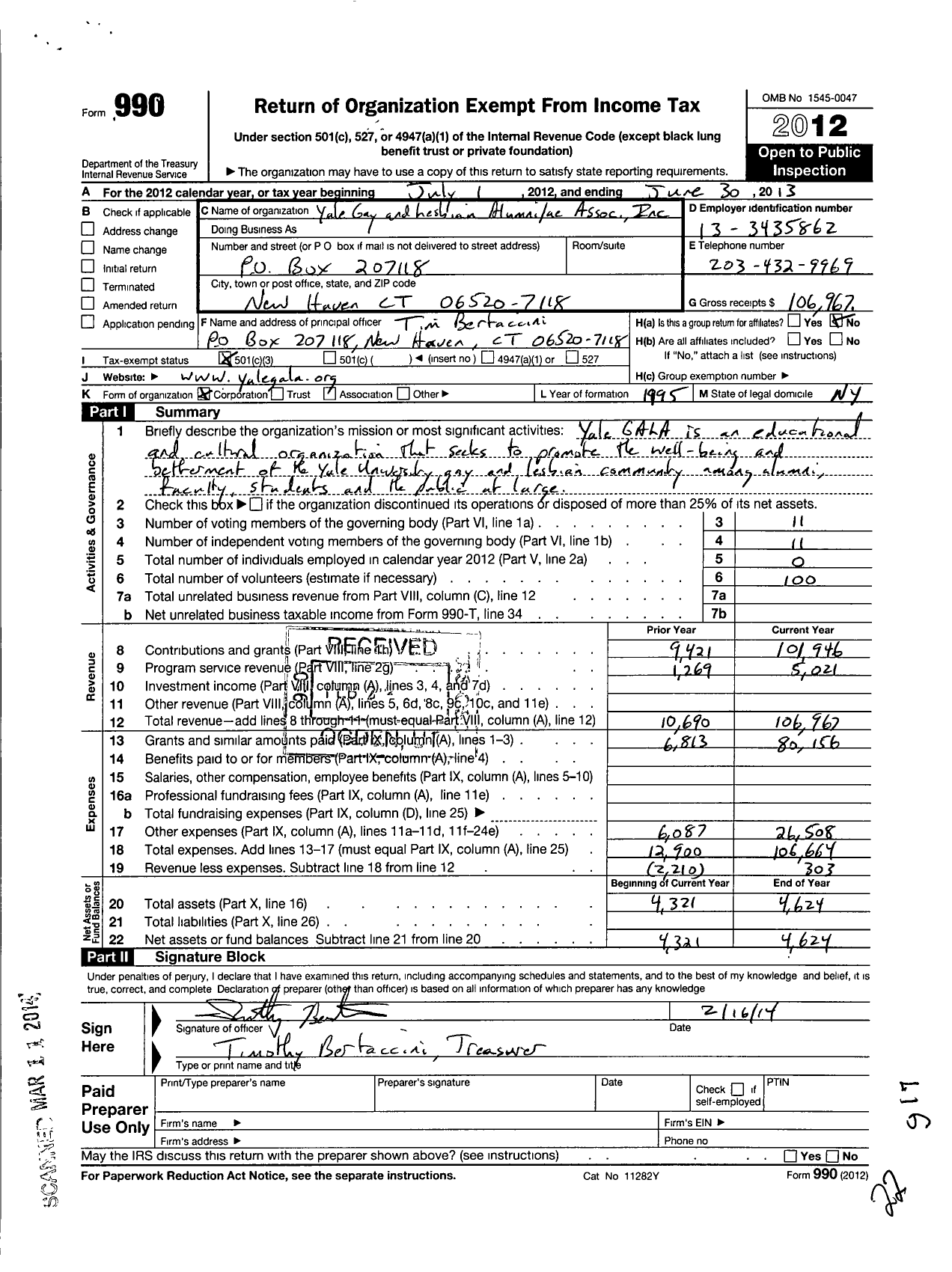 Image of first page of 2012 Form 990 for Yale Gay and Lesbian Alumniae Association