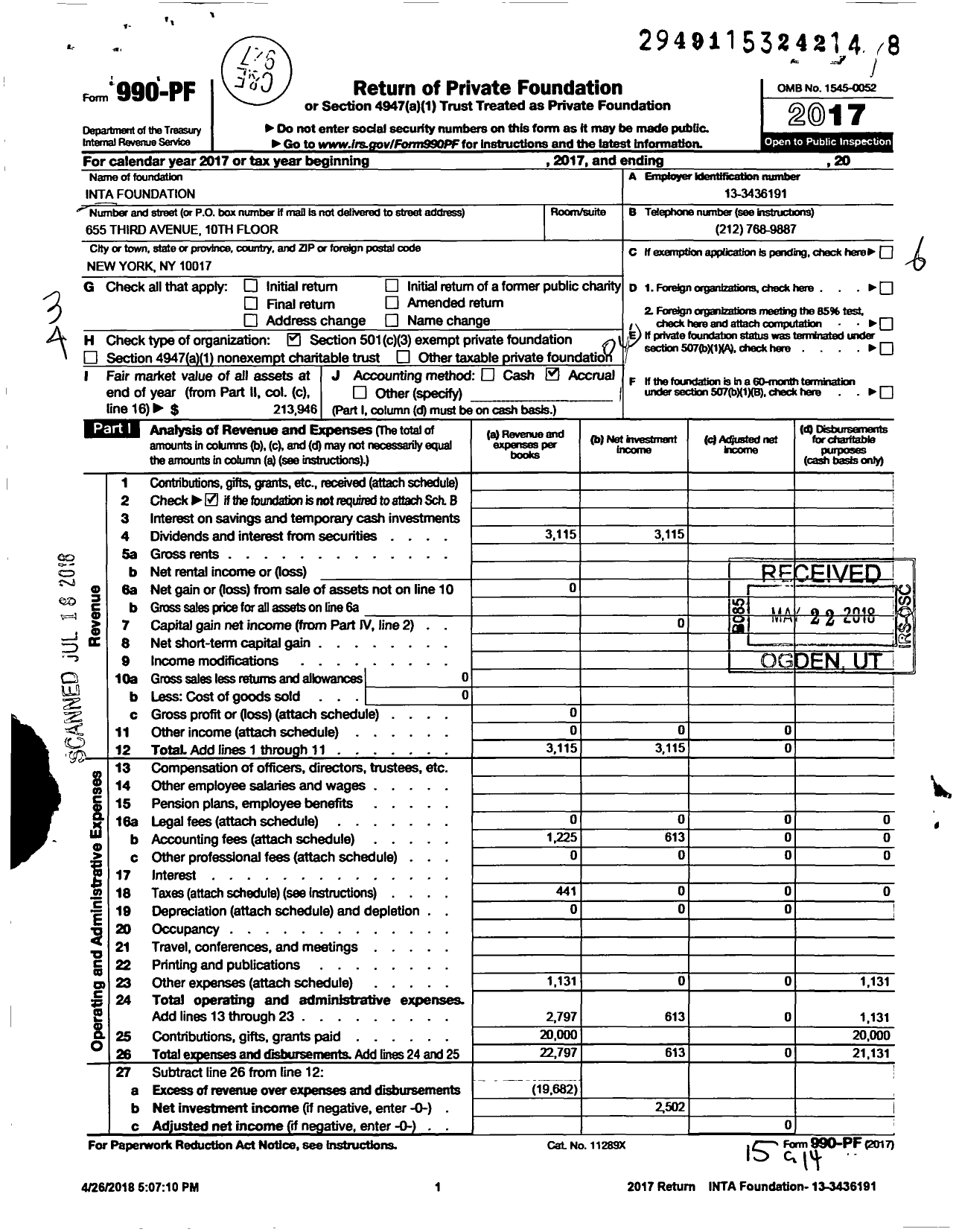 Image of first page of 2017 Form 990PF for INTA Foundation