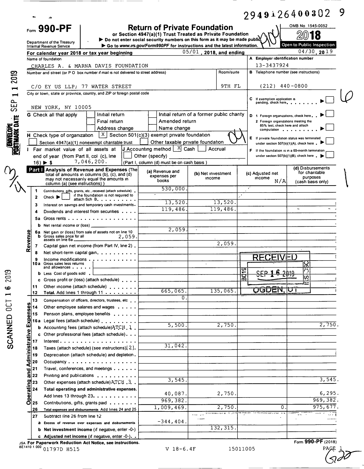 Image of first page of 2018 Form 990PF for Chuck and Marna Davis Foundation