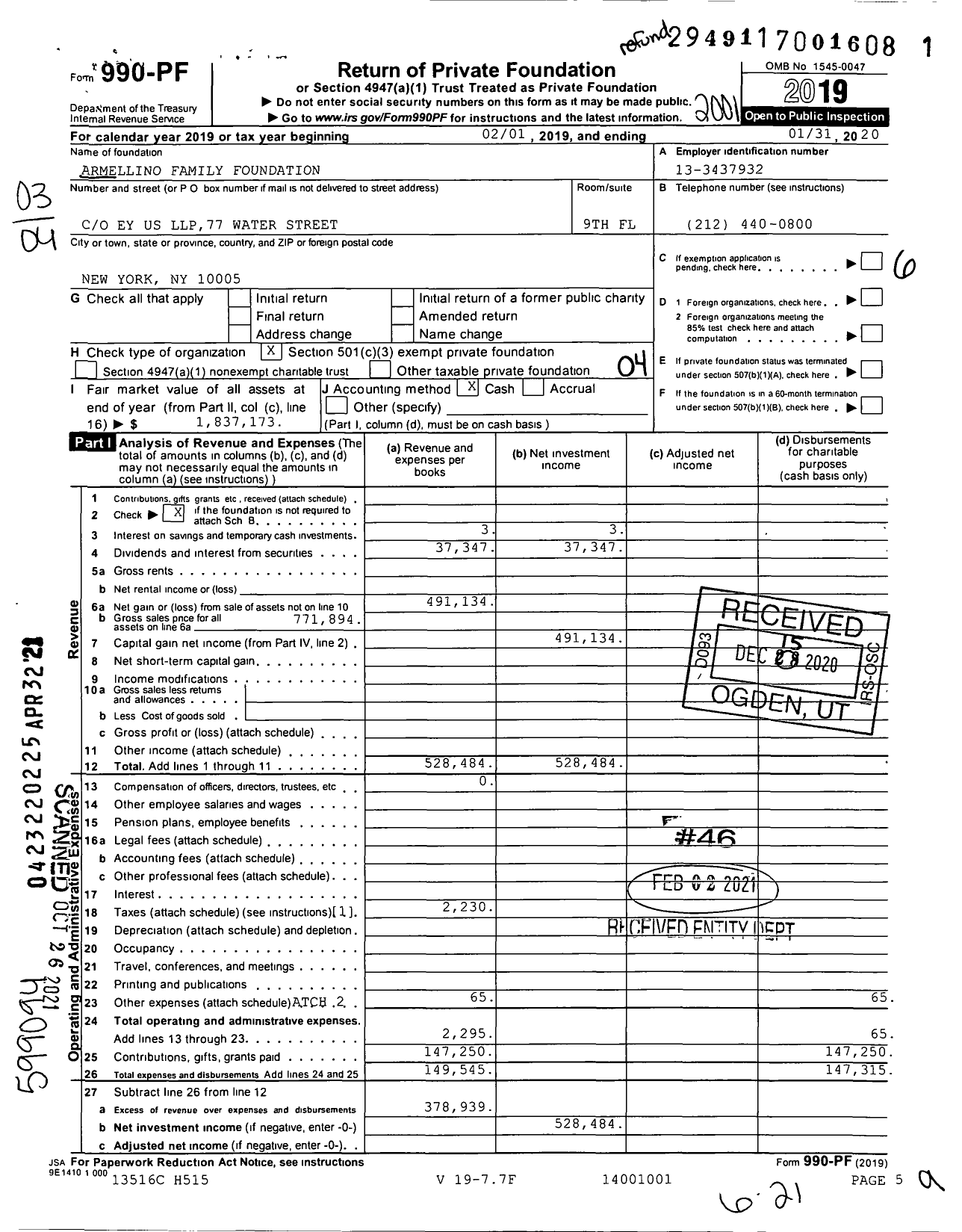 Image of first page of 2019 Form 990PF for Armellino Family Foundation