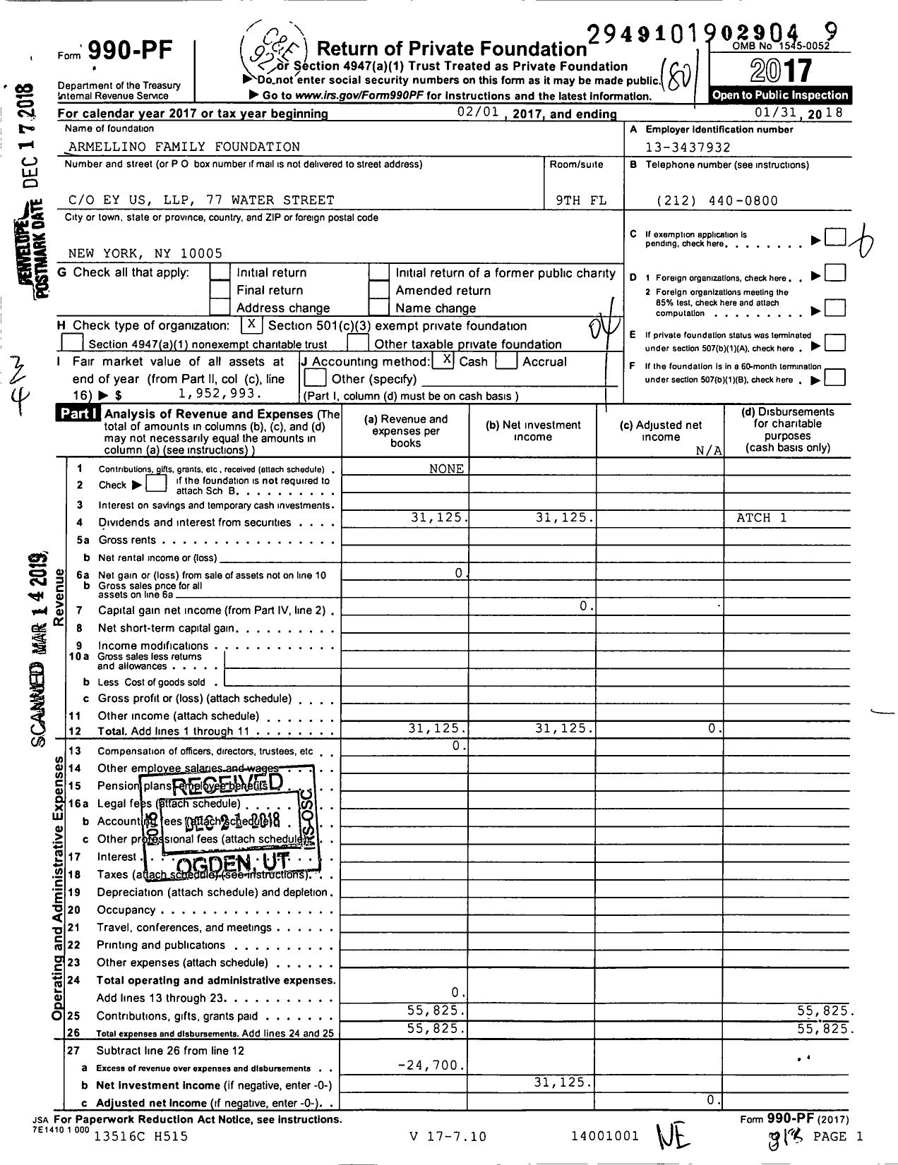 Image of first page of 2017 Form 990PF for Armellino Family Foundation