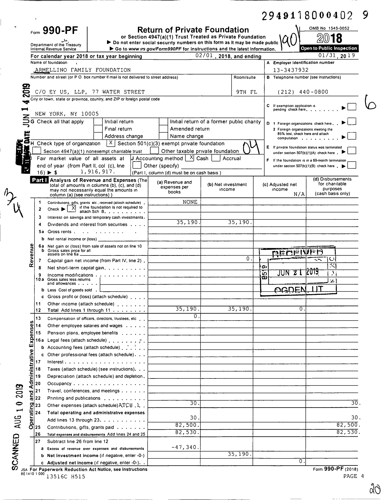 Image of first page of 2018 Form 990PF for Armellino Family Foundation