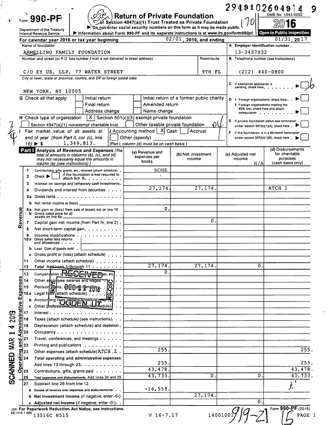 Image of first page of 2016 Form 990PF for Armellino Family Foundation