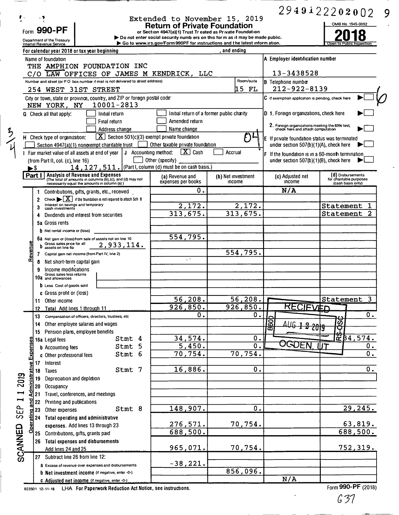 Image of first page of 2018 Form 990PF for The Amphion Foundation