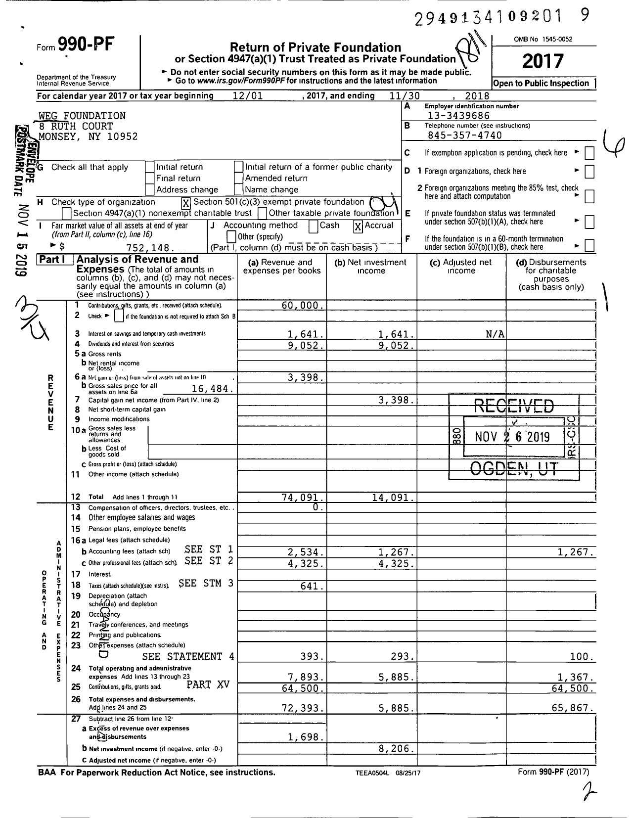 Image of first page of 2017 Form 990PF for Weg Foundation