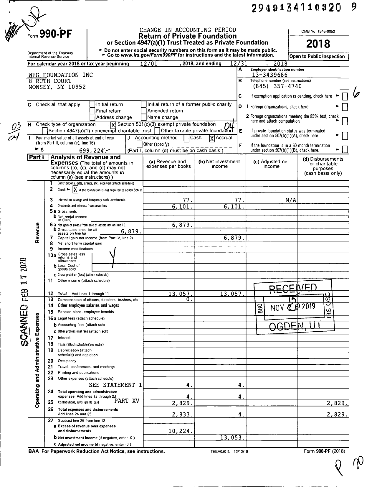 Image of first page of 2018 Form 990PF for Weg Foundation