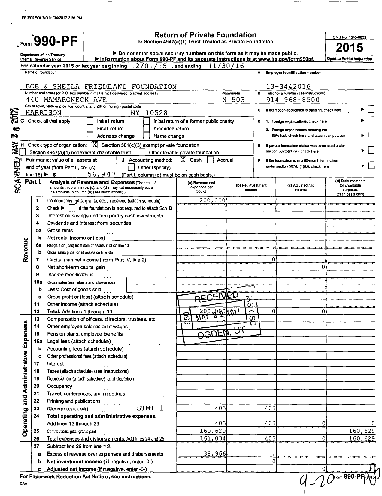 Image of first page of 2015 Form 990PF for Bob and Sheila Friedland Foundation