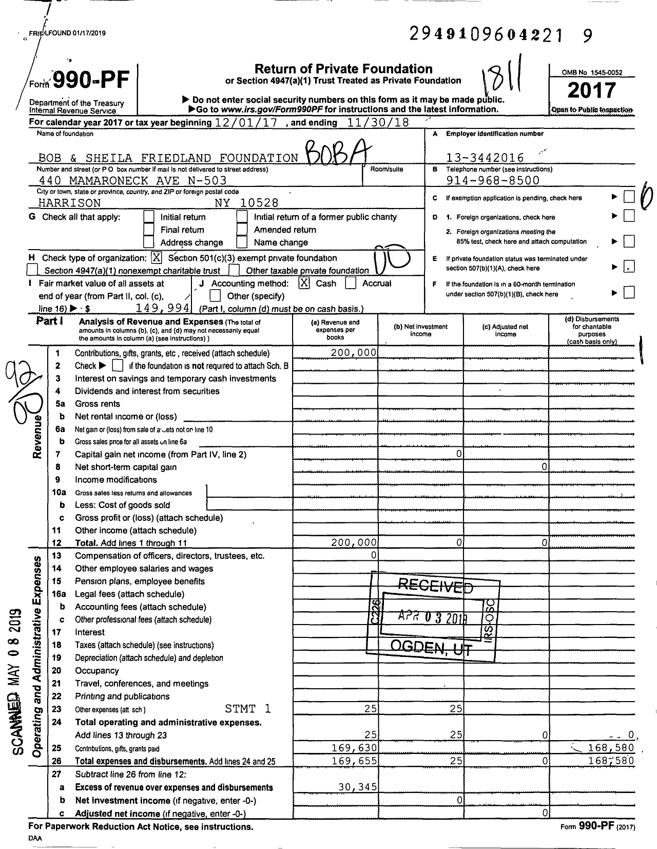 Image of first page of 2017 Form 990PF for Bob and Sheila Friedland Foundation