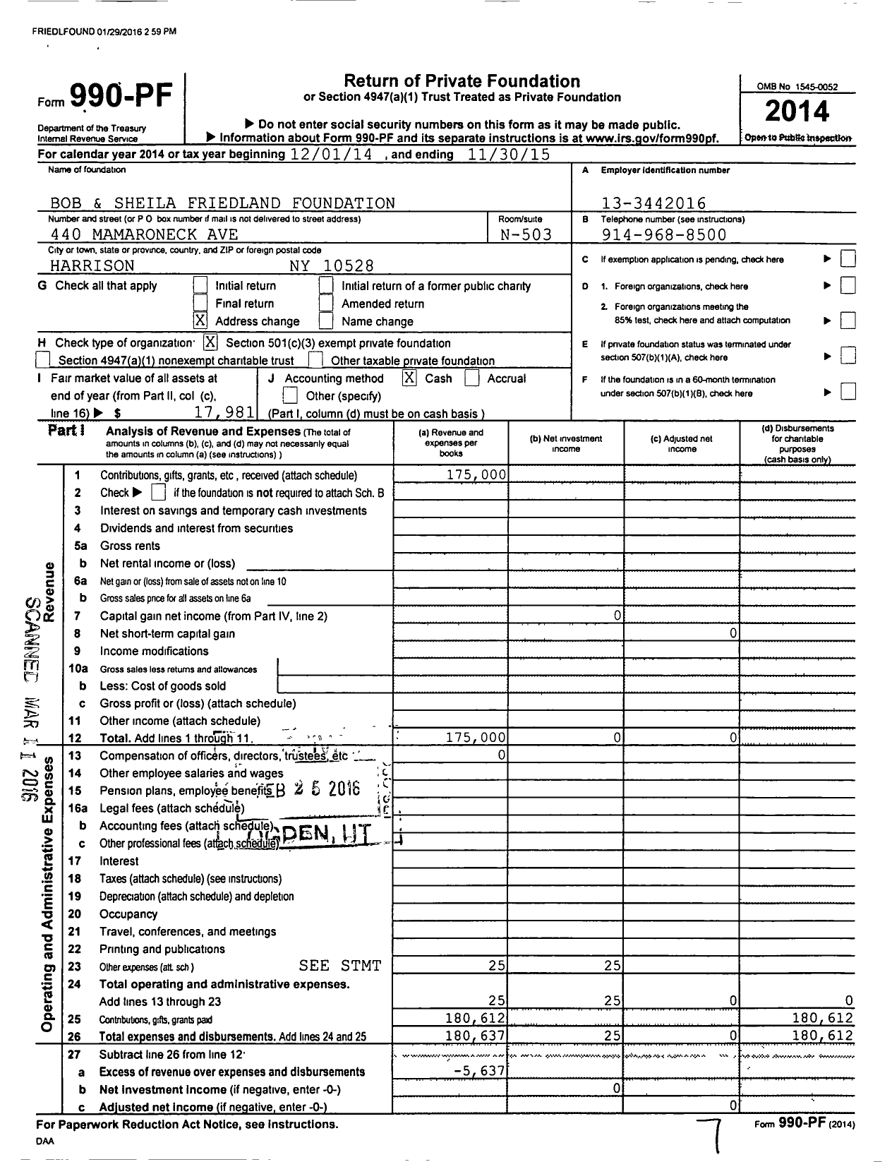 Image of first page of 2014 Form 990PF for Bob and Sheila Friedland Foundation