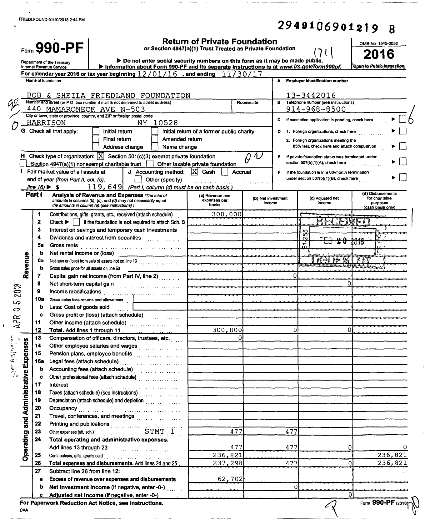 Image of first page of 2016 Form 990PF for Bob and Sheila Friedland Foundation