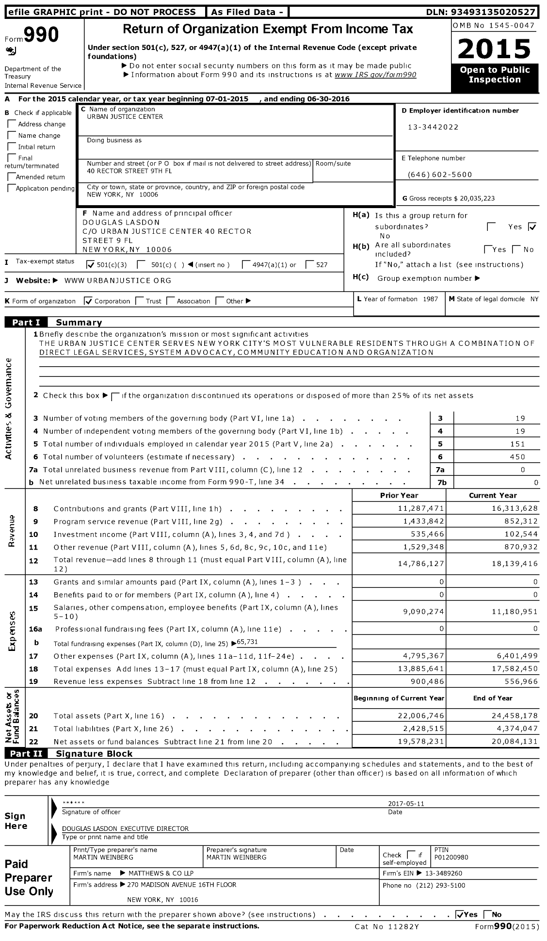 Image of first page of 2015 Form 990 for Urban Justice Center