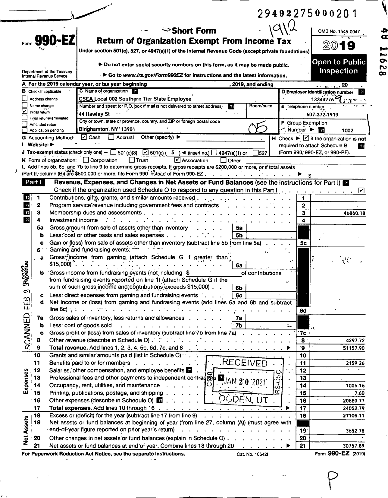 Image of first page of 2019 Form 990EO for Civil Service Employees Association - 0002 Southern Tier State Employees