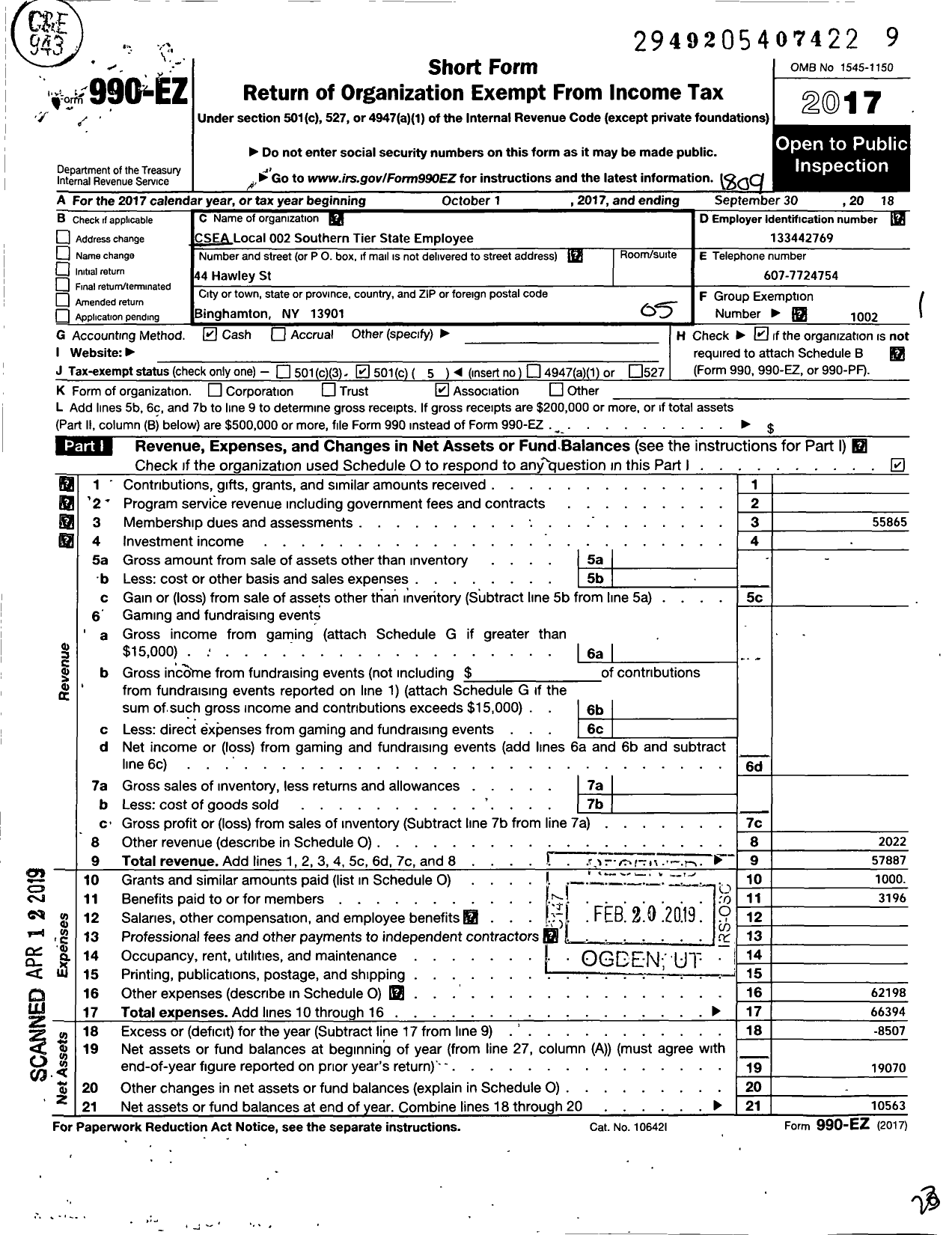 Image of first page of 2017 Form 990EO for Civil Service Employees Association - 0002 Southern Tier State Employees