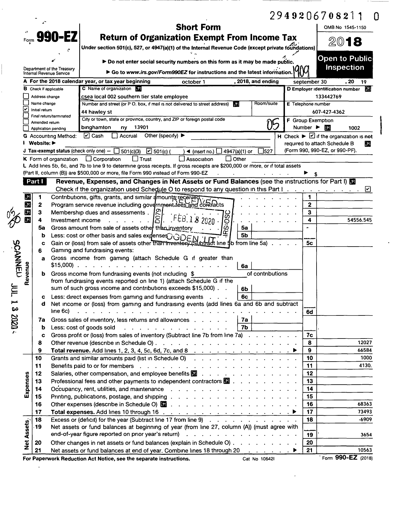 Image of first page of 2018 Form 990EO for Civil Service Employees Association - 0002 Southern Tier State Employees