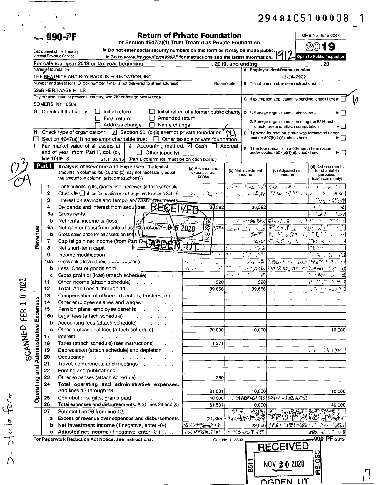 Image of first page of 2019 Form 990PF for Beatrice and Roy Backus Foundation