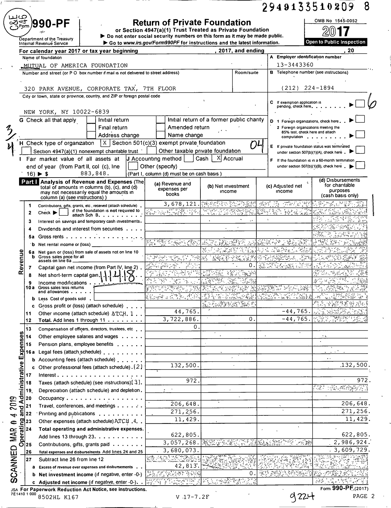 Image of first page of 2017 Form 990PF for Mutual of America Foundation