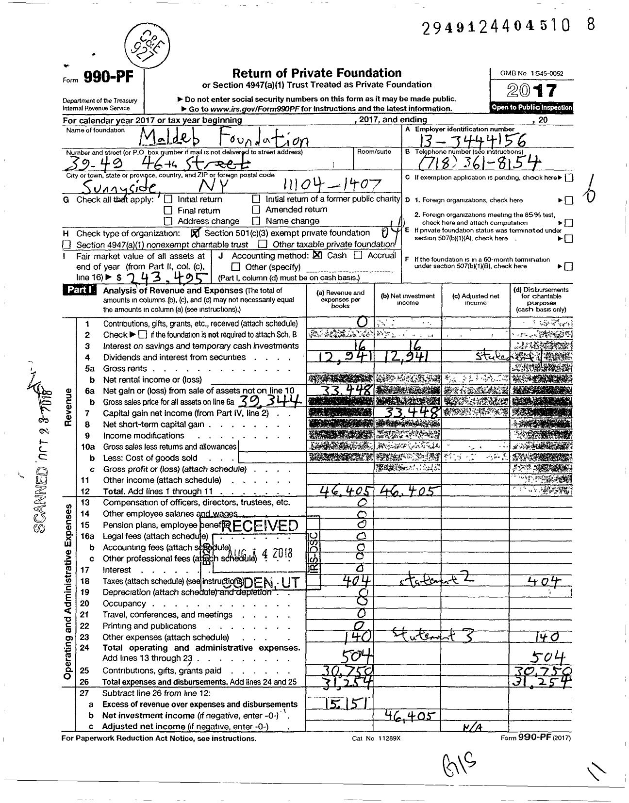 Image of first page of 2017 Form 990PF for Maldeb Foundation Mandelbaum