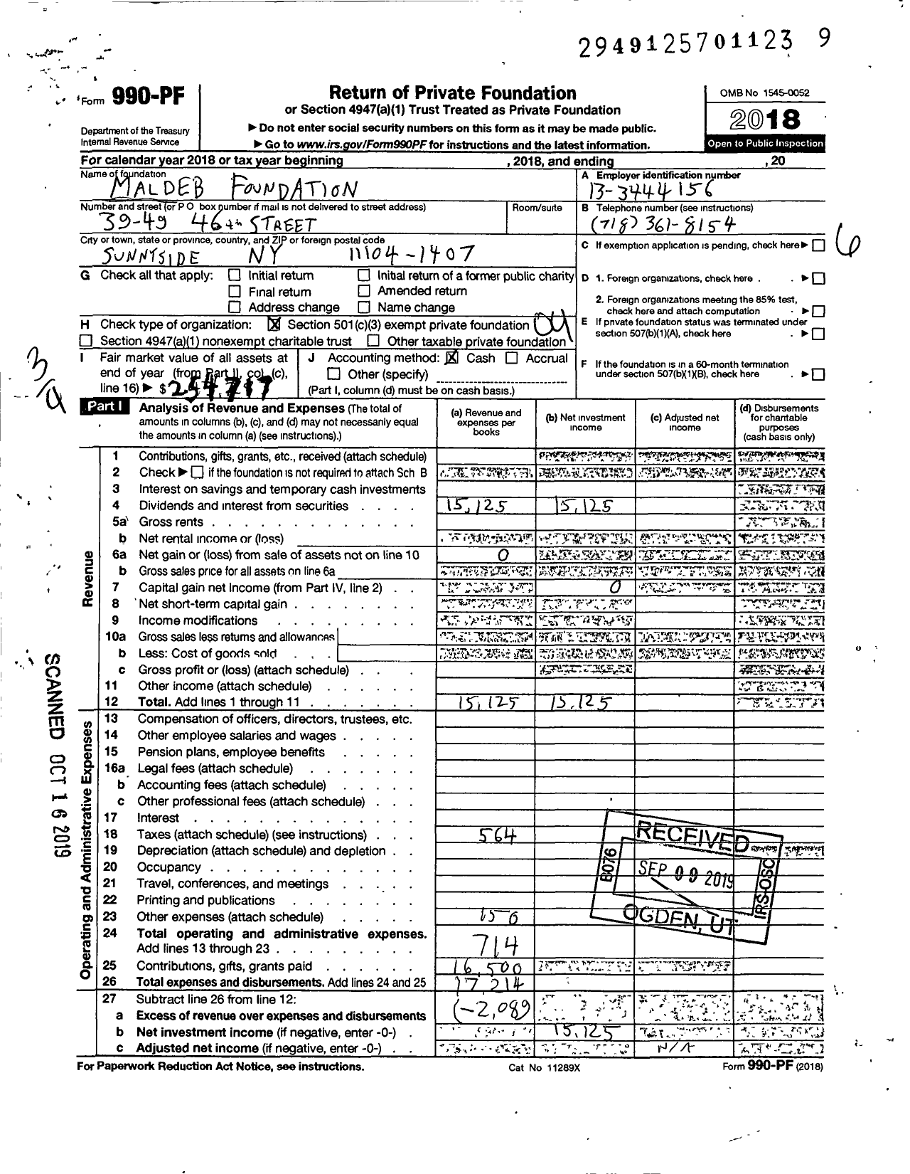 Image of first page of 2018 Form 990PF for Maldeb Foundation Mandelbaum
