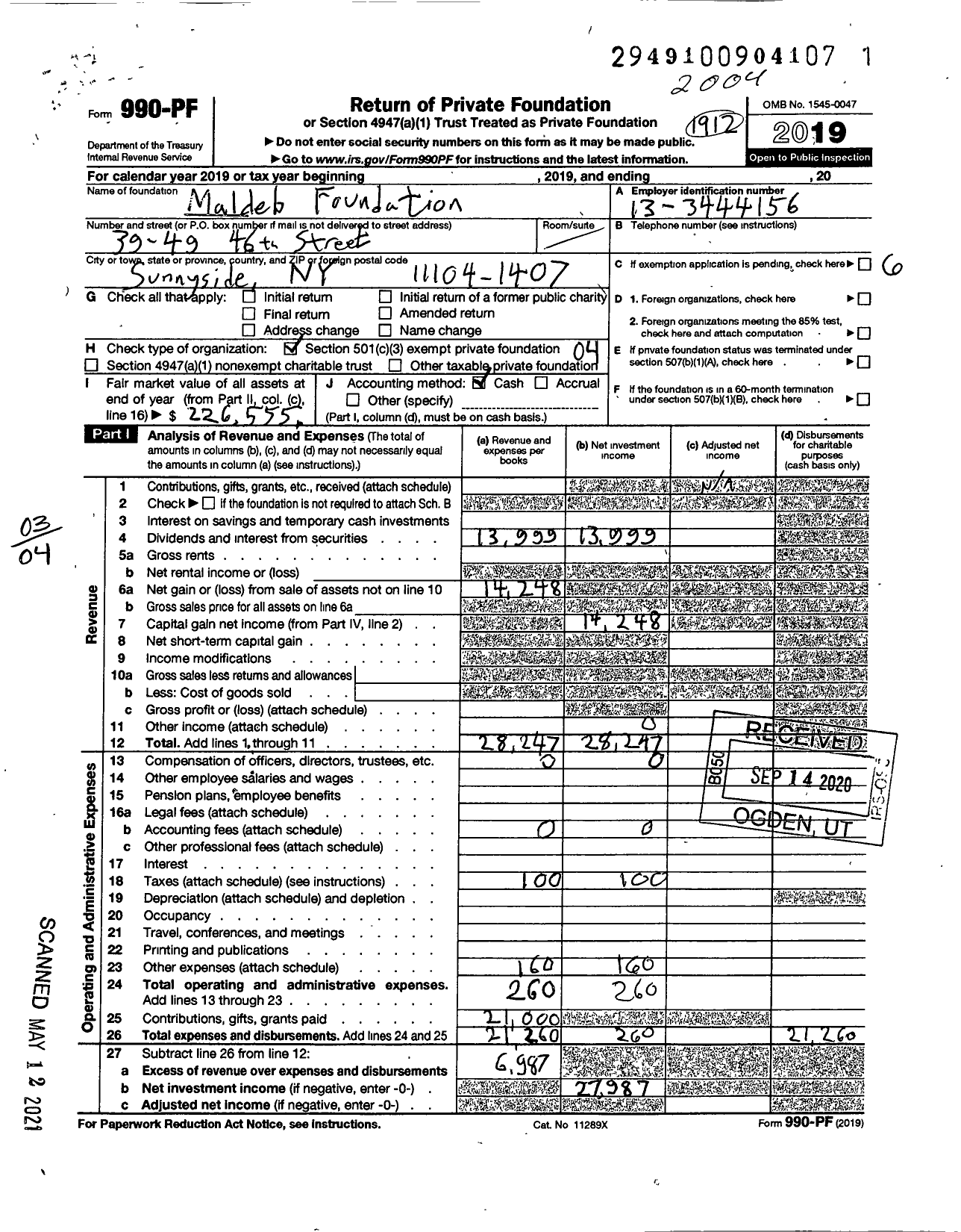 Image of first page of 2019 Form 990PF for Maldeb Foundation