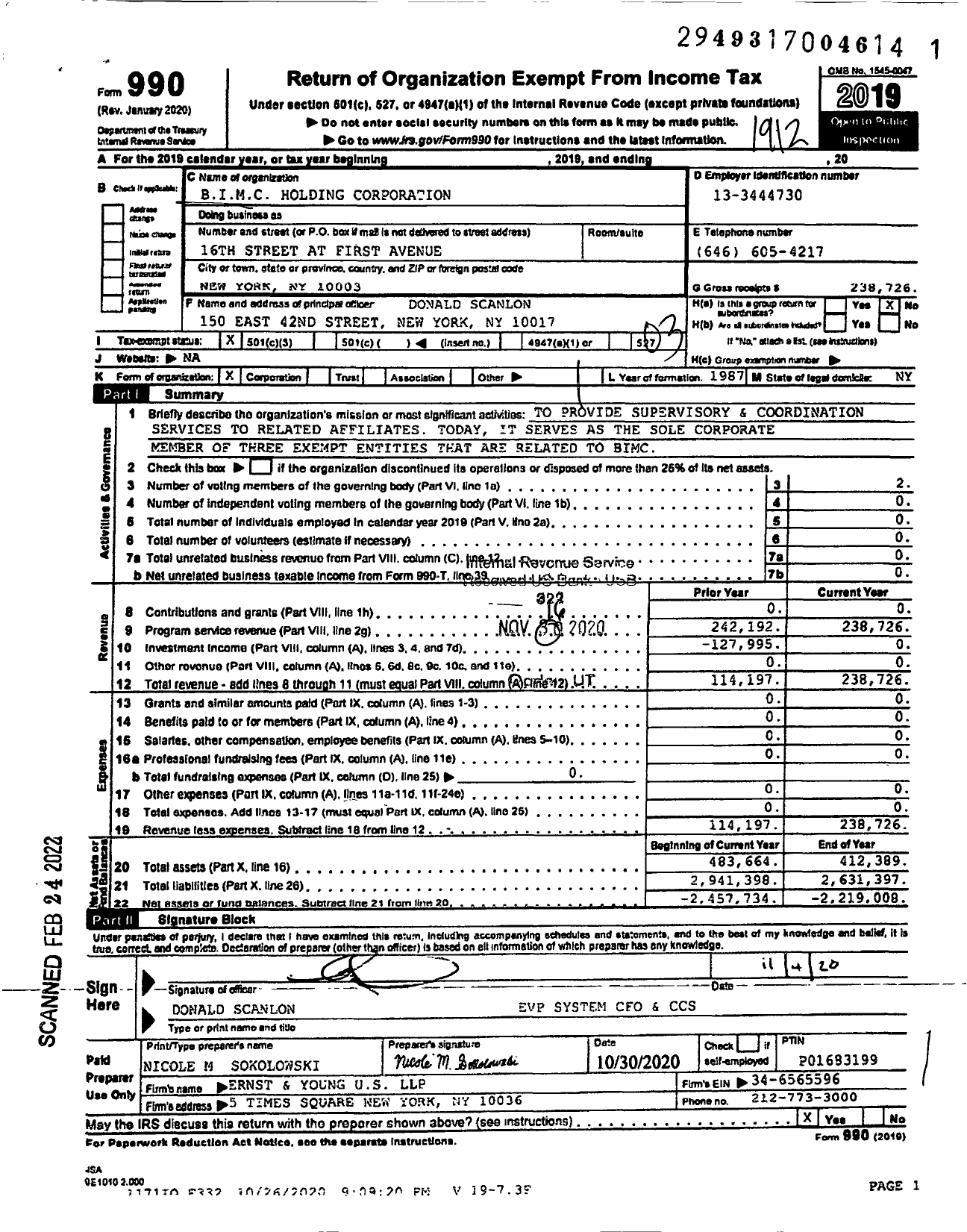 Image of first page of 2019 Form 990 for Beth Israel Medical CENTER HOLDING CORPORATION