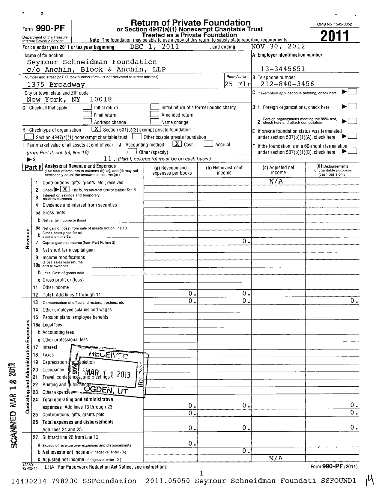 Image of first page of 2011 Form 990PF for Seymour Schneidman Foundation