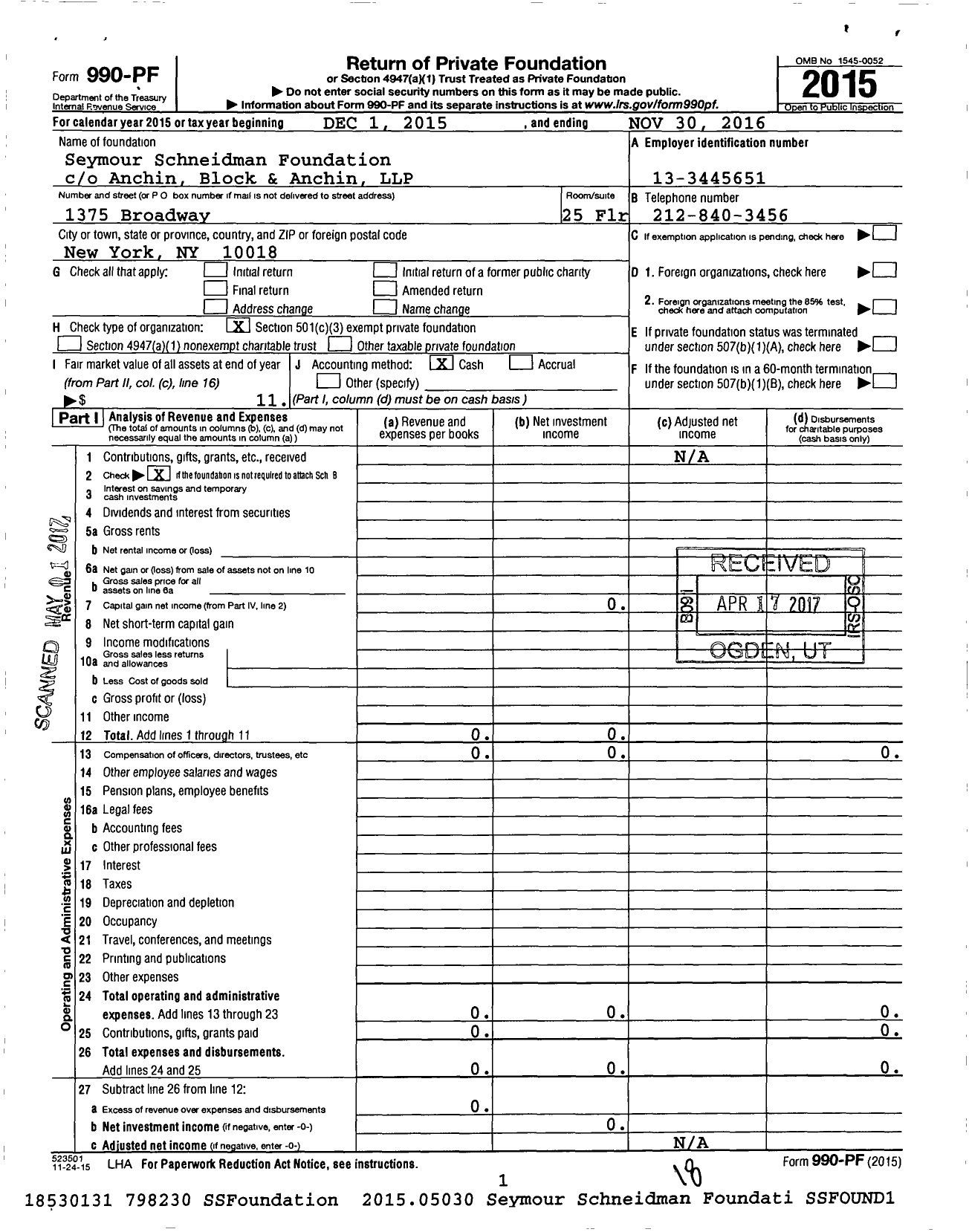 Image of first page of 2015 Form 990PF for Seymour Schneidman Foundation