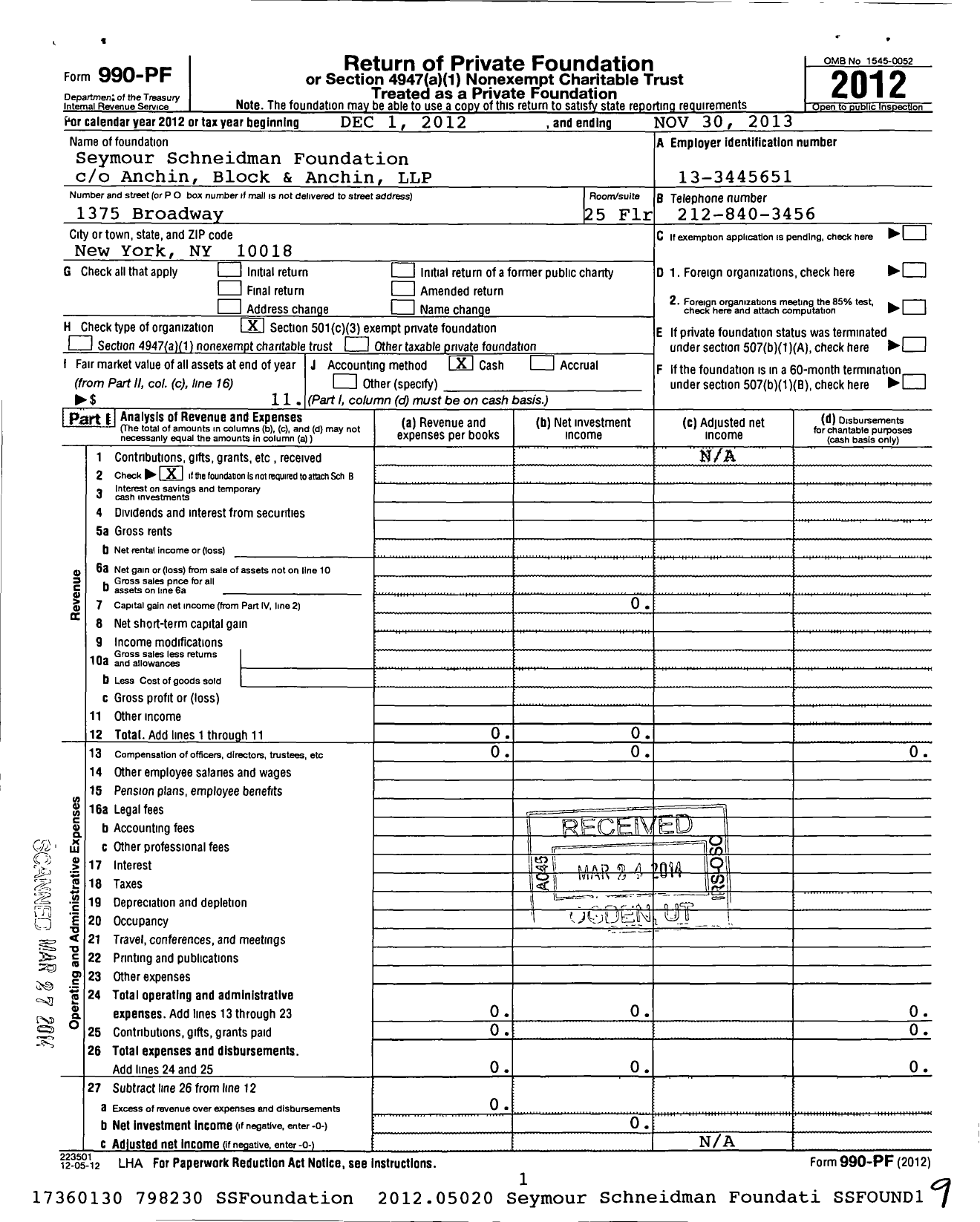 Image of first page of 2012 Form 990PF for Seymour Schneidman Foundation