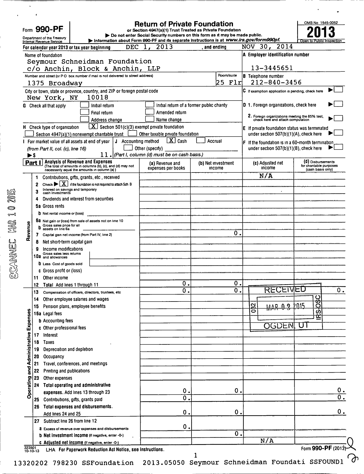 Image of first page of 2013 Form 990PF for Seymour Schneidman Foundation