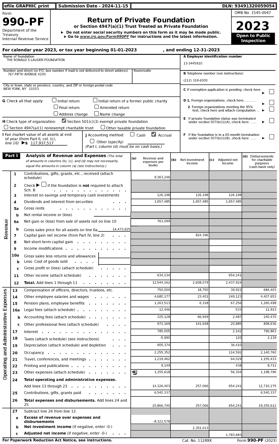 Image of first page of 2023 Form 990PF for Ronald S Lauder Foundation