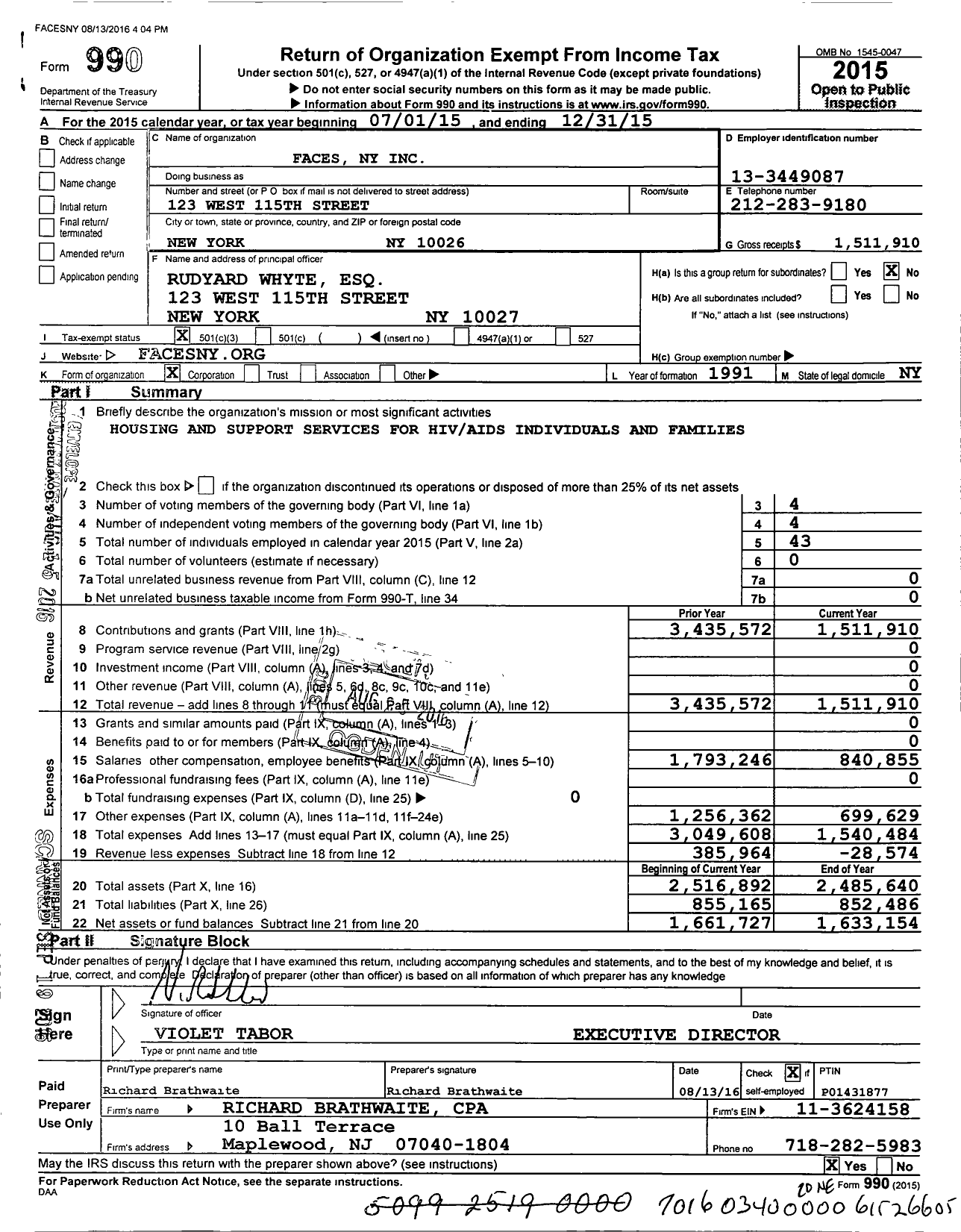 Image of first page of 2015 Form 990 for Faces Ny Faces Ny