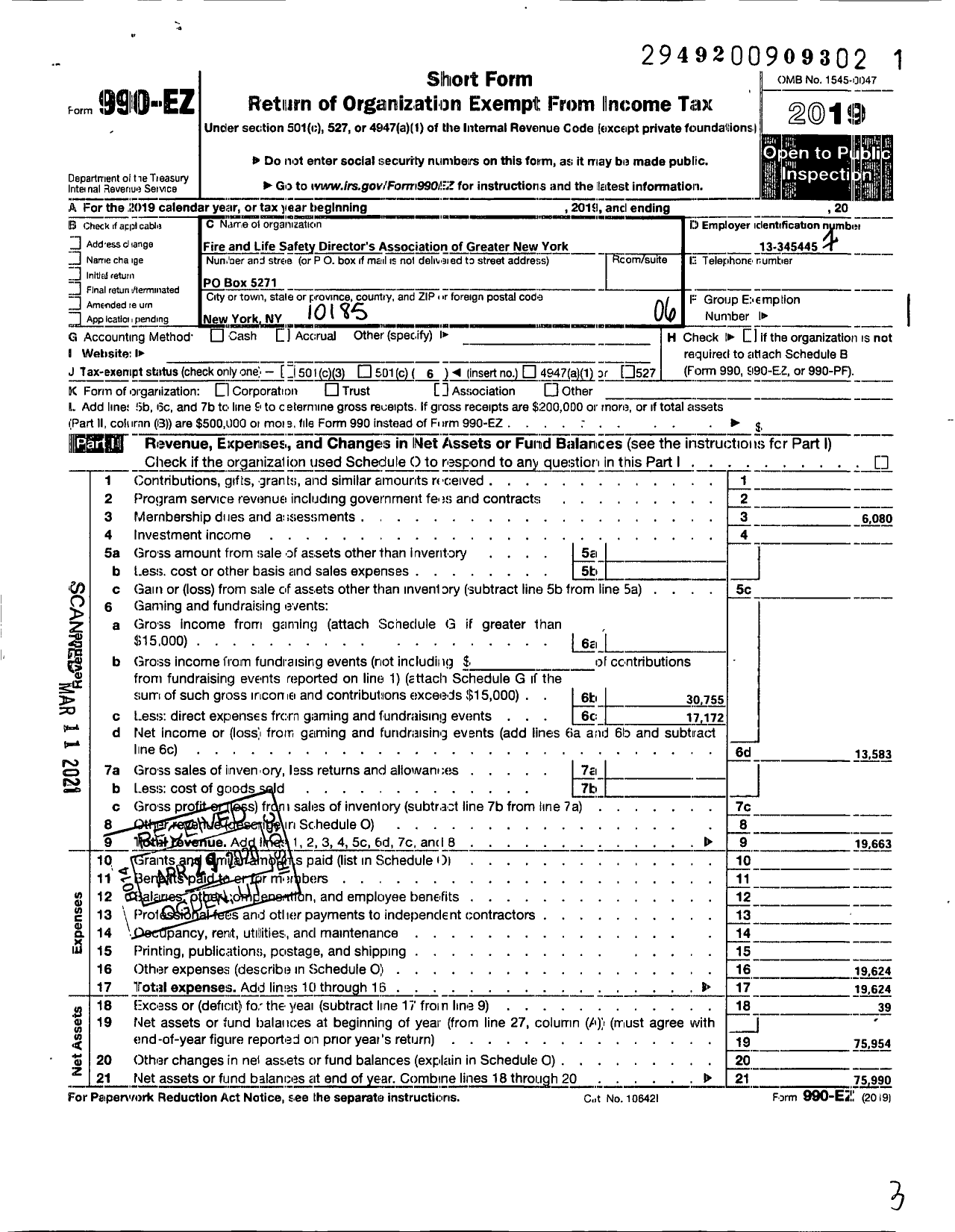 Image of first page of 2019 Form 990EO for Fire Safety Directors Association of New York