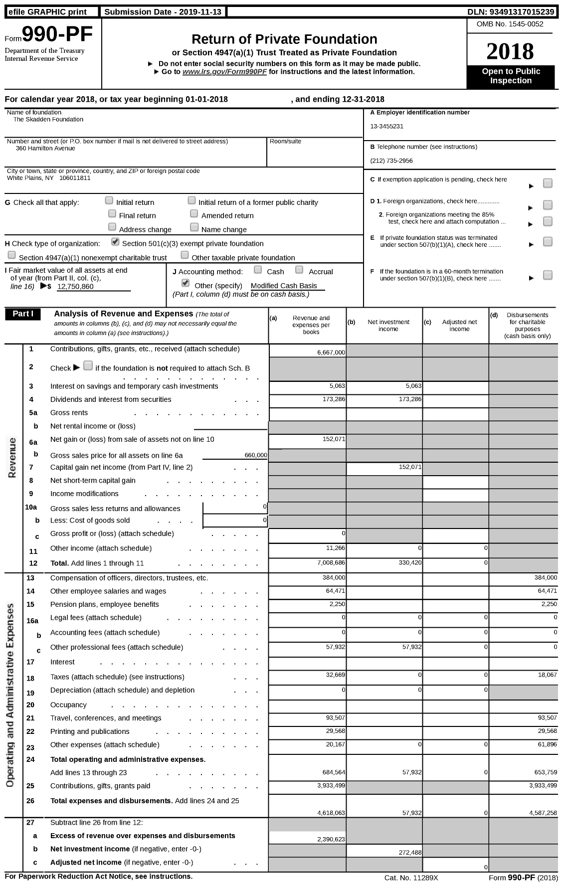 Image of first page of 2018 Form 990PF for Skadden Foundation