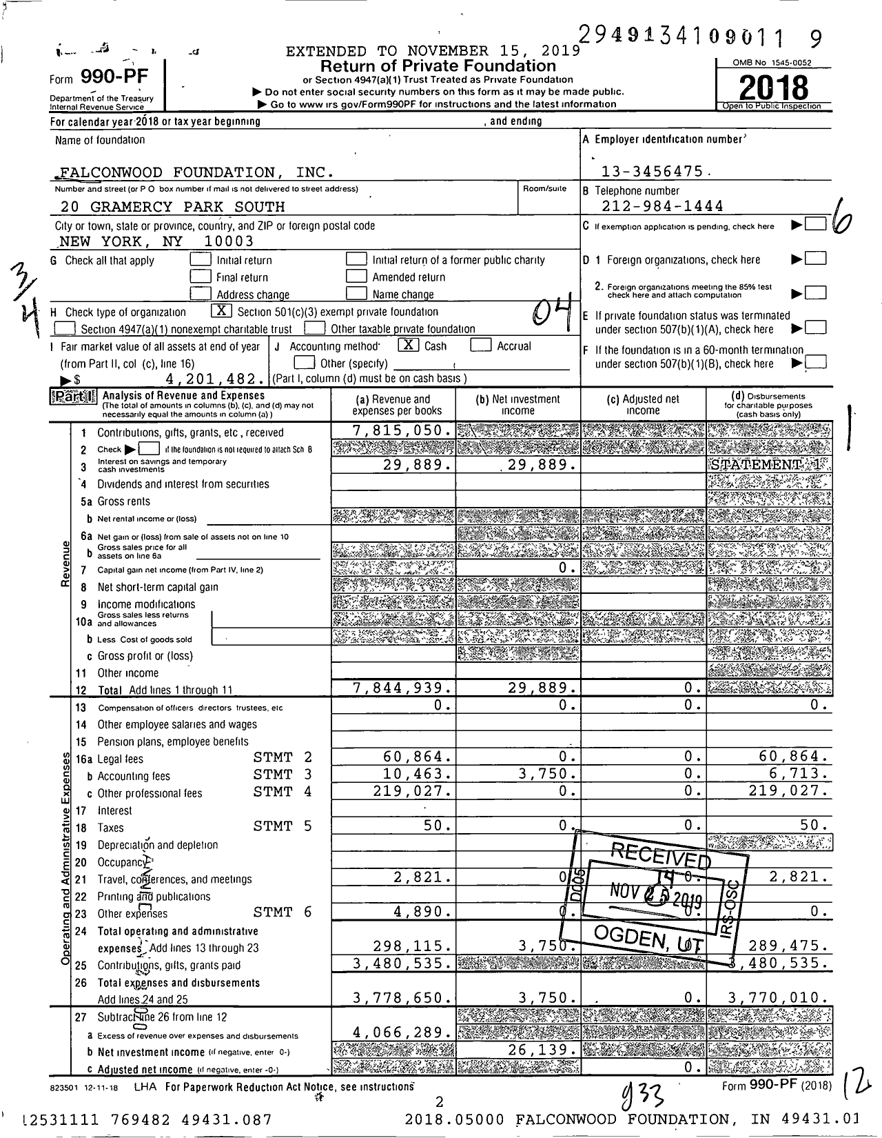 Image of first page of 2018 Form 990PF for Falconwood Foundation