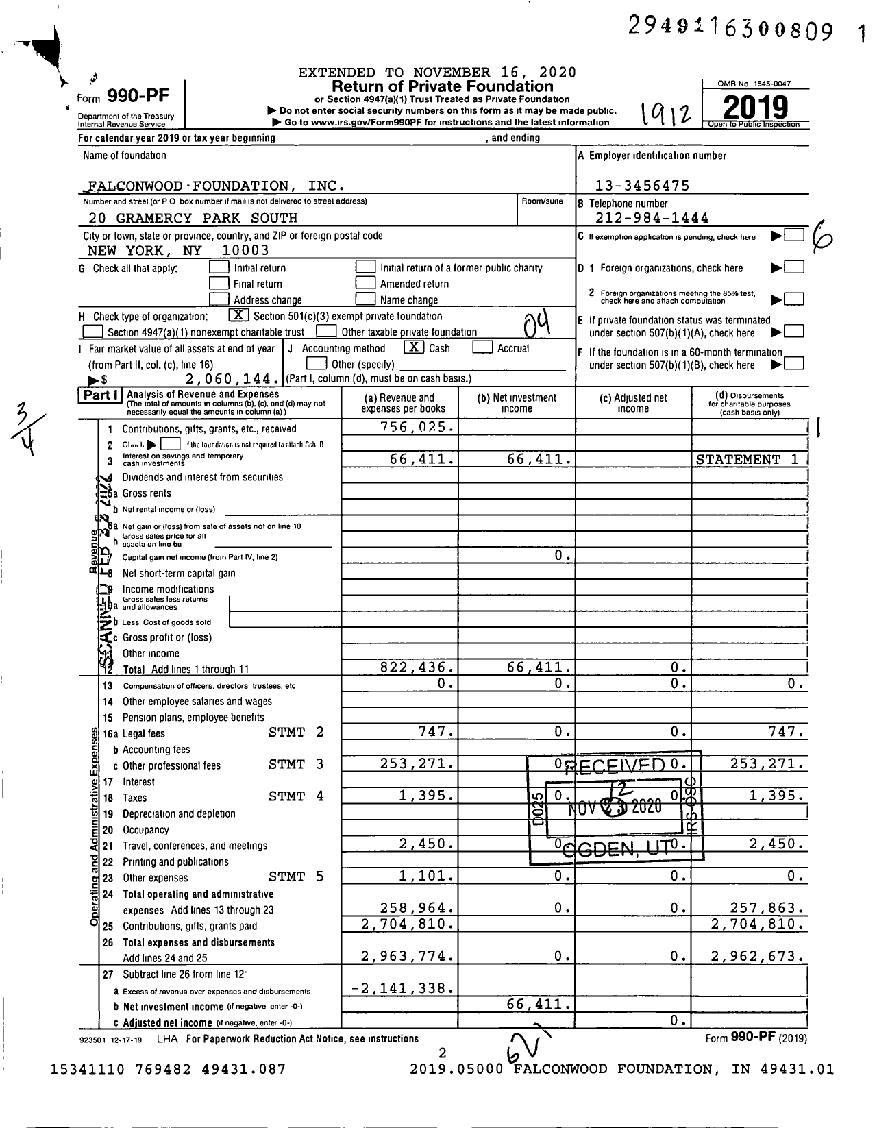 Image of first page of 2019 Form 990PF for Falconwood Foundation