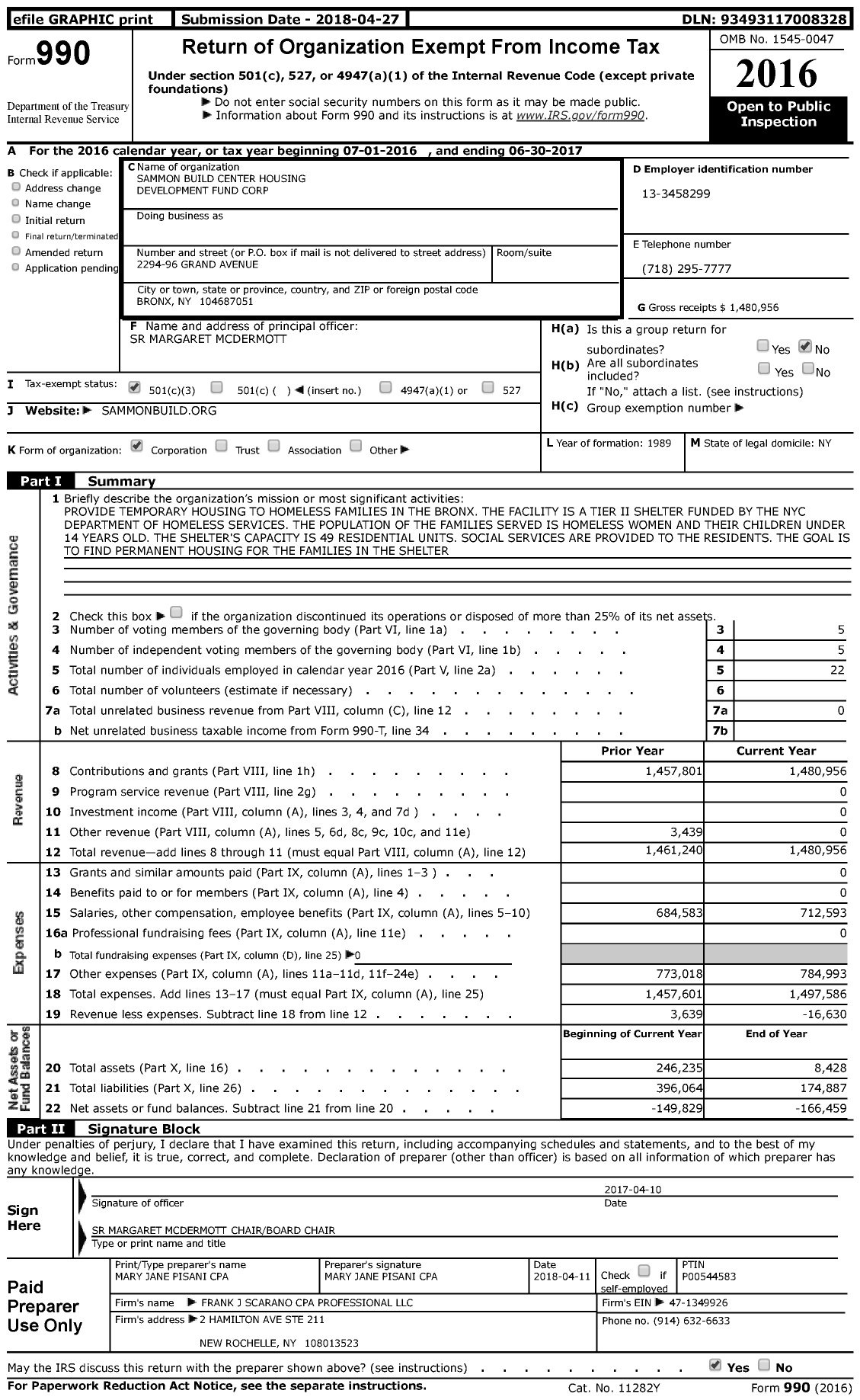 Image of first page of 2016 Form 990 for Sammon Build Center Housing Development Fund Corporation