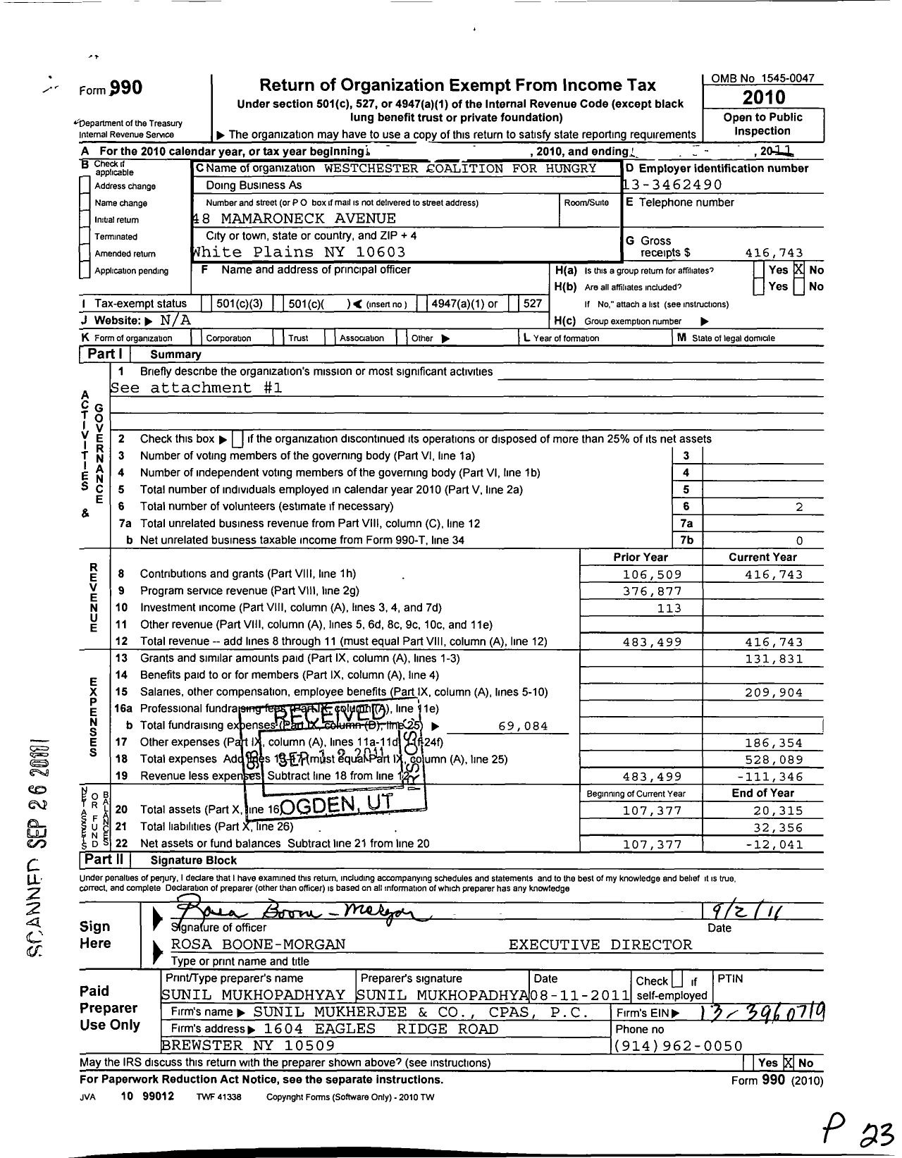 Image of first page of 2010 Form 990O for Westchester Coalition for the Hungry and Homeless