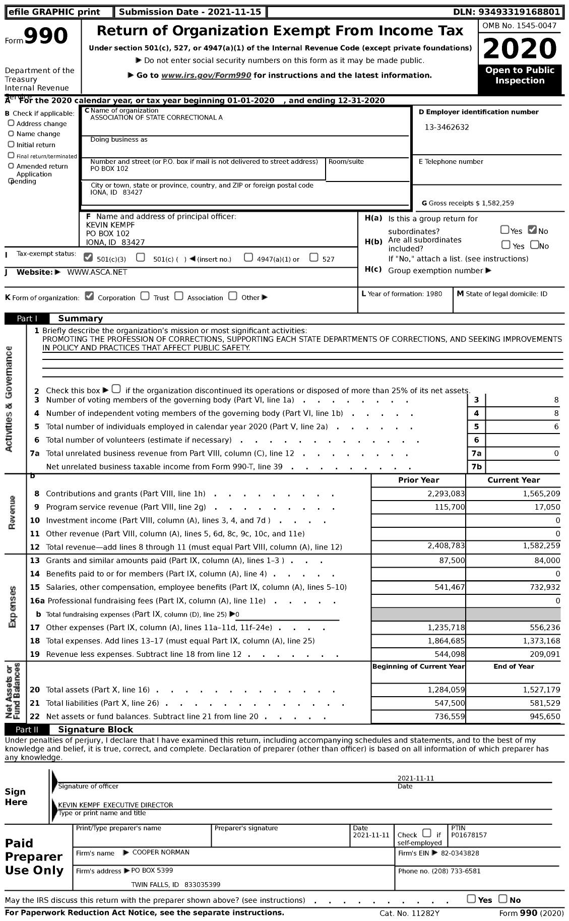 Image of first page of 2020 Form 990 for Association of State Correctional Administrators